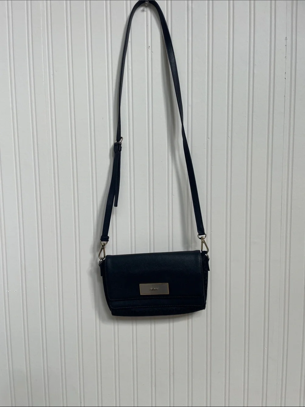 Dkny Black Crossbody Bag with Gold Plaque and hardware
